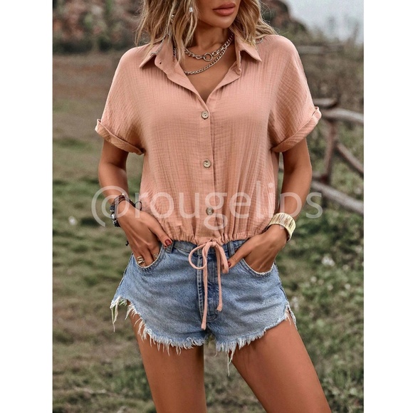 Cotton Short Sleeve Collared Shirt Drawstring Ties, Light Rust Color - Picture 6 of 8